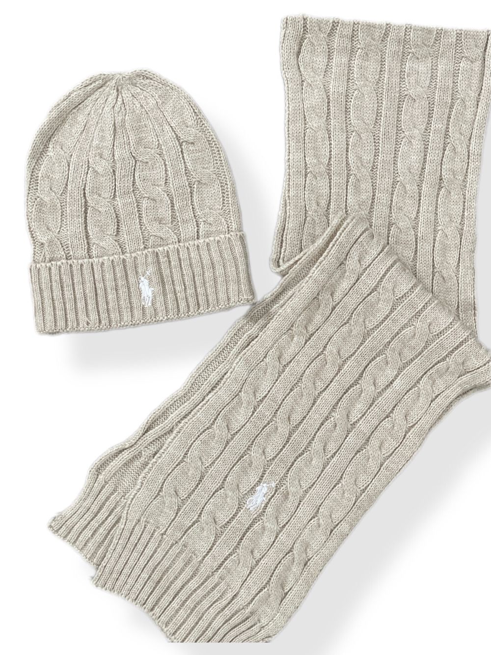 Beige Cable Knit Beanie And Scarf Set