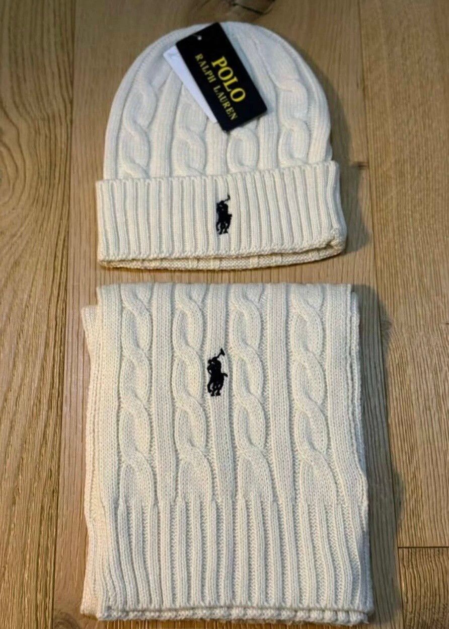 Polo Ralph Lauren White Cable Knit Beanie and Scarf Set
