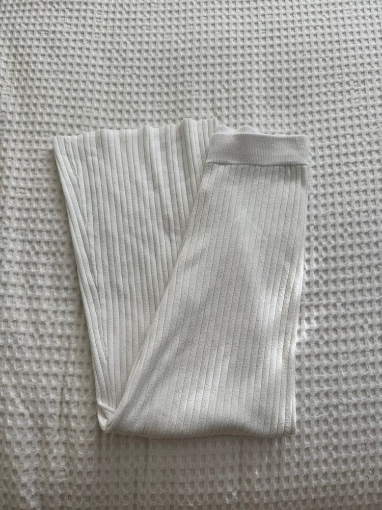White Ribbed Knit Wide Leg Pants