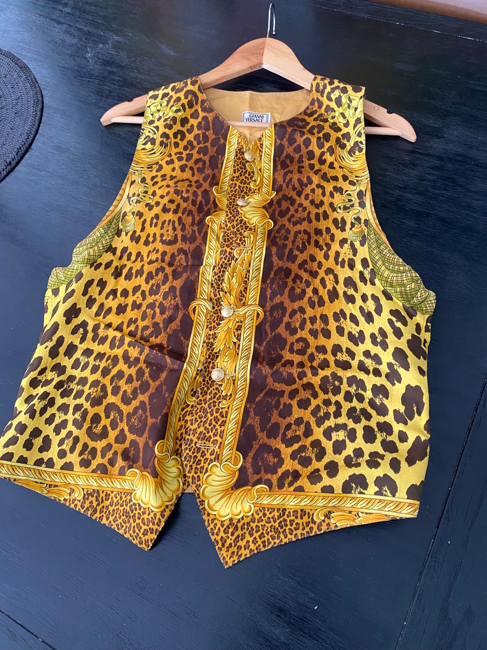 90s versace spangle vest 70s サイケデリック 古着 Vintage 90s Gianni Versace Blue and Gold Baroque Waistcoat