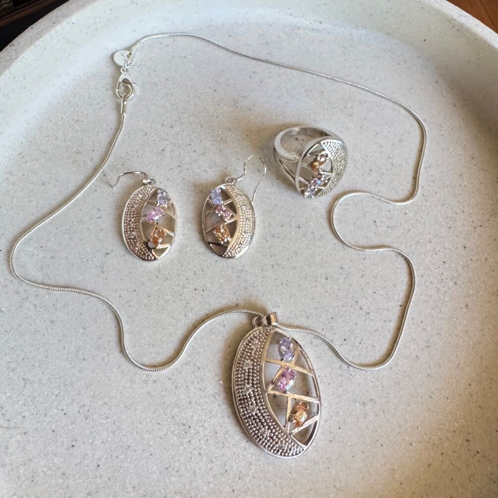 Sterling Silver Colorful Crystal Oval Jewellery Set