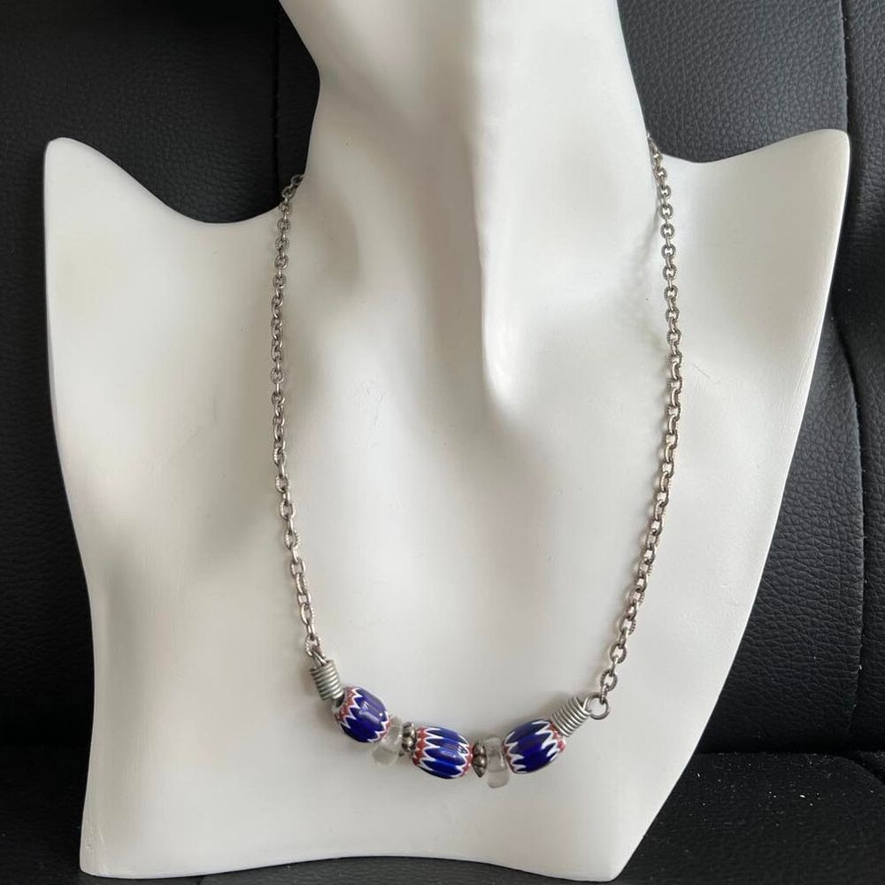 Blue glass rosetta bead necklace