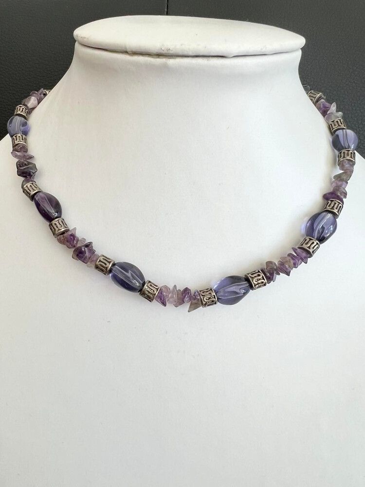 Amethyst chips and purple glass necklace