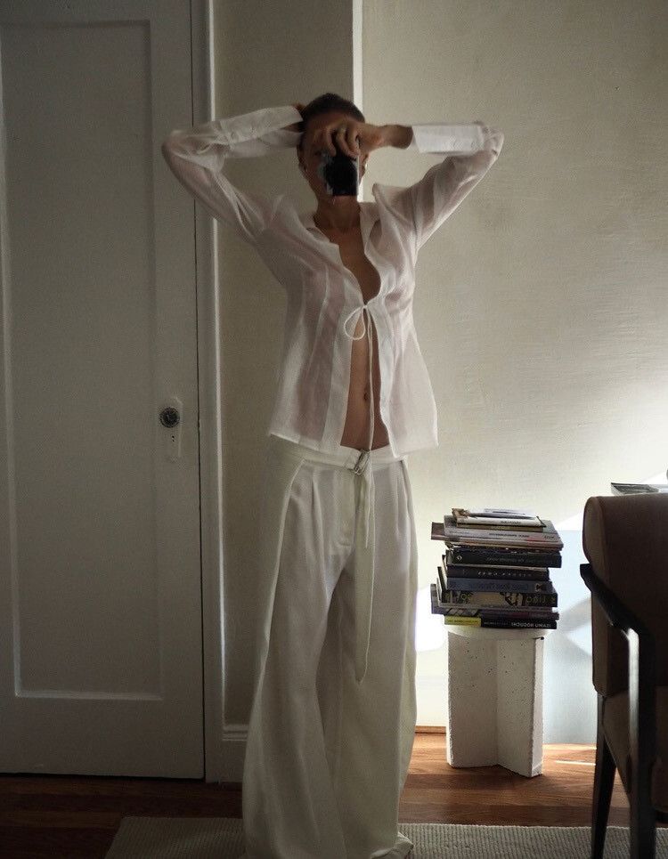Sheer Linen Tie Front Top White Shirt