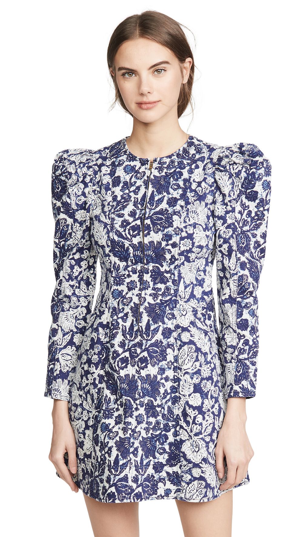 ulla johnson wren denim dress Ulla Johnson Wren Denim Dress Blue Off-White Print Puff Long Sleeve Mini  Size 0