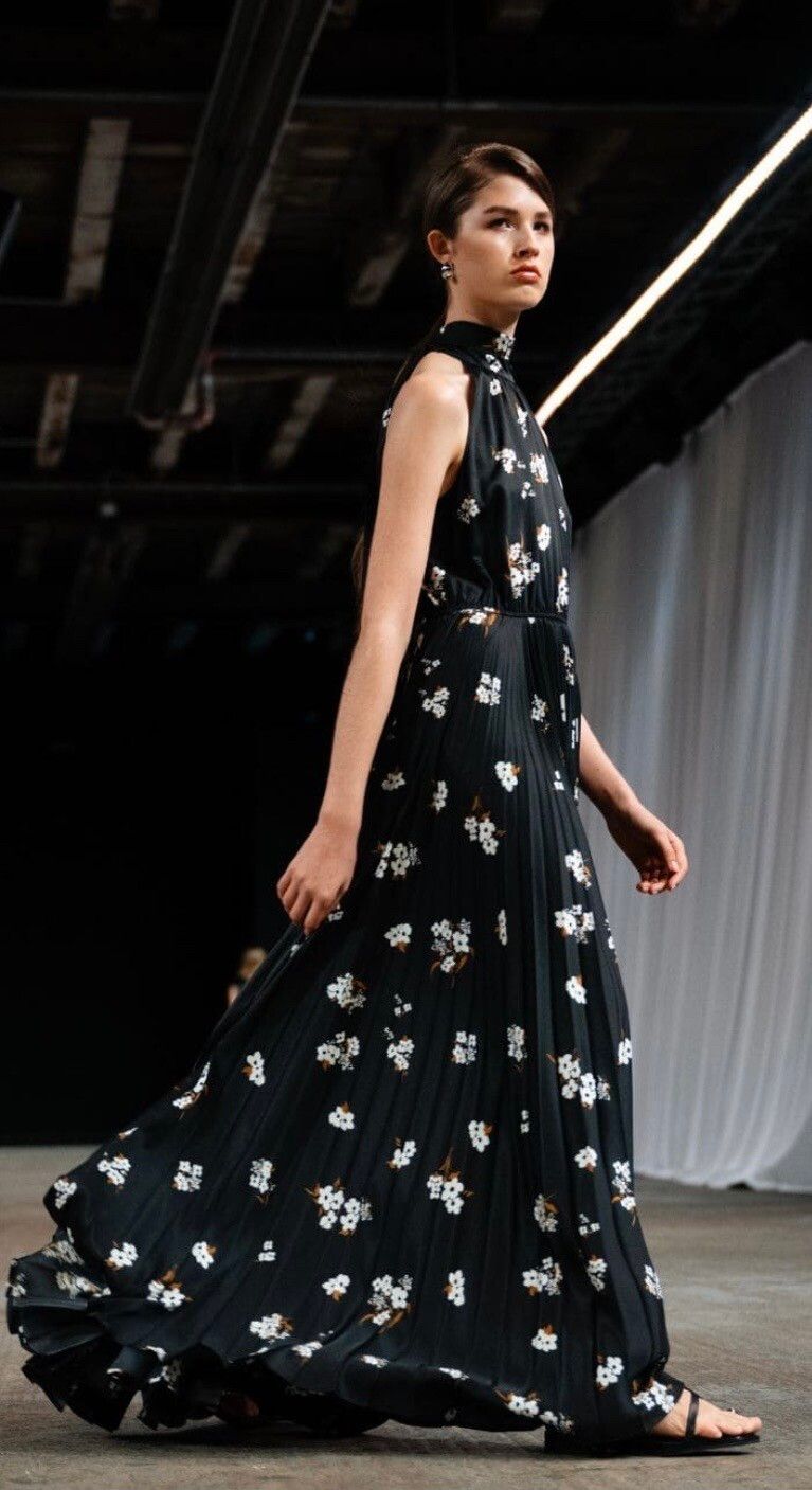 Juliette Hogan Black Floral Pleated Maxi Dress
