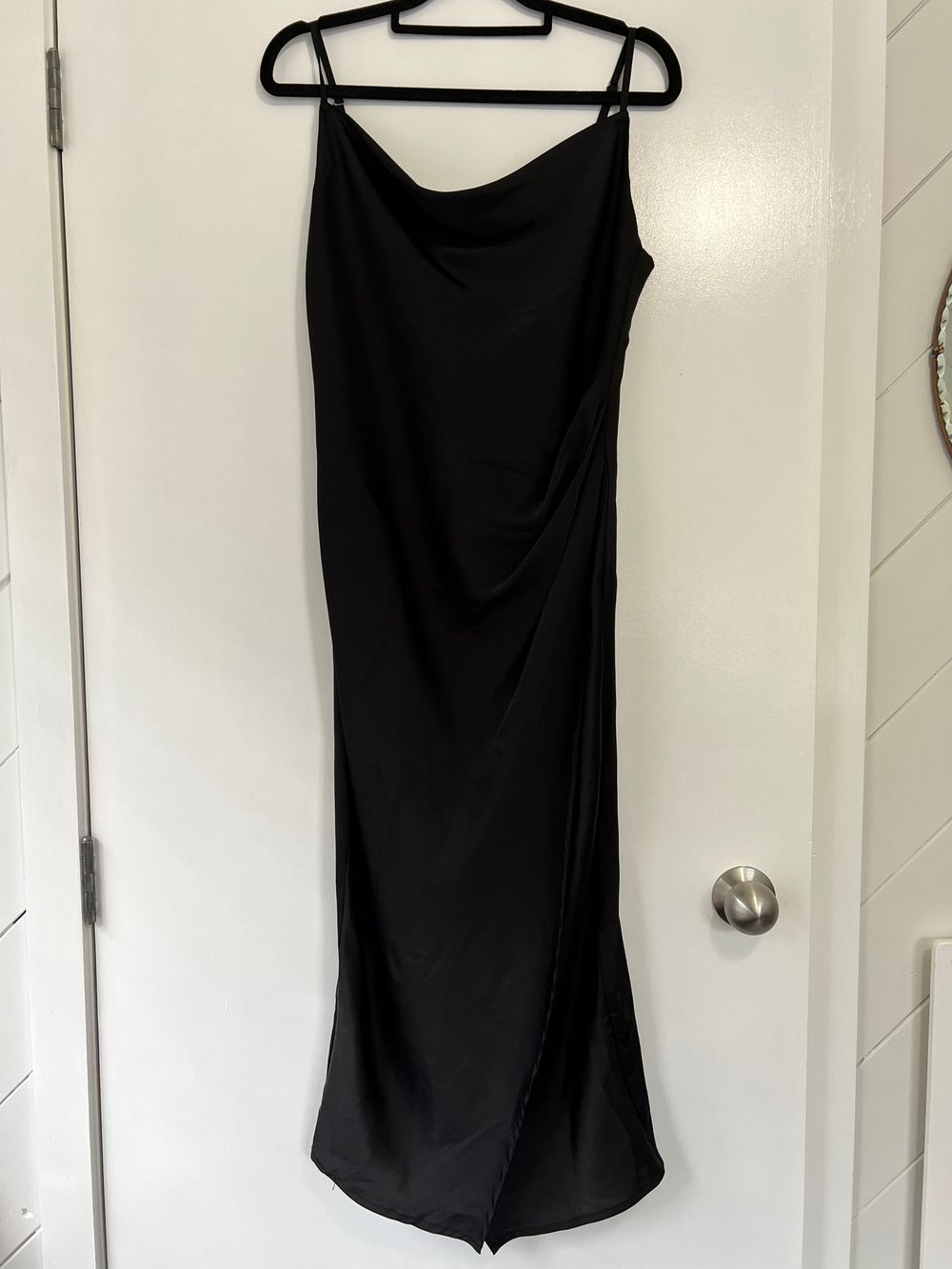 Pagani Black Satin Cowl Neck Midi Dress