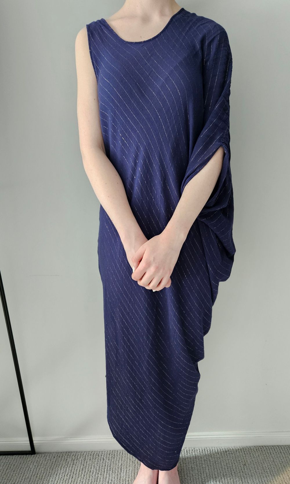 Navy & Gold Pinstripe Draped Dress