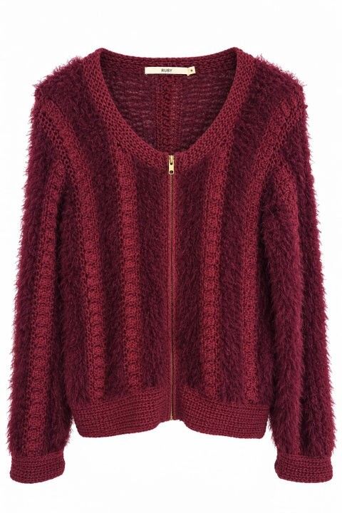 RUBY Burgundy Fluffy Knit Zip Cardigan Size M