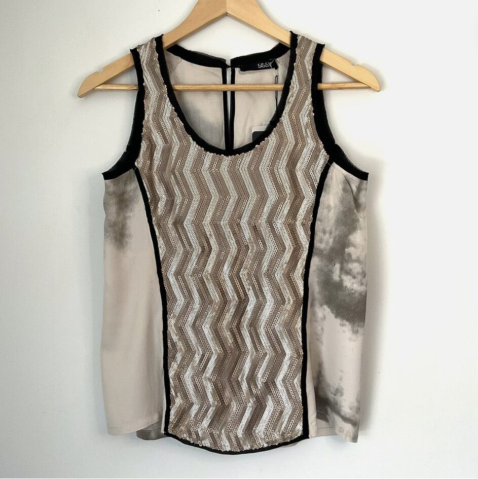 BNWT SISSY NZ Woman's Size 8 Champagne Sequined Chevron Chiffon Cami Tank Top