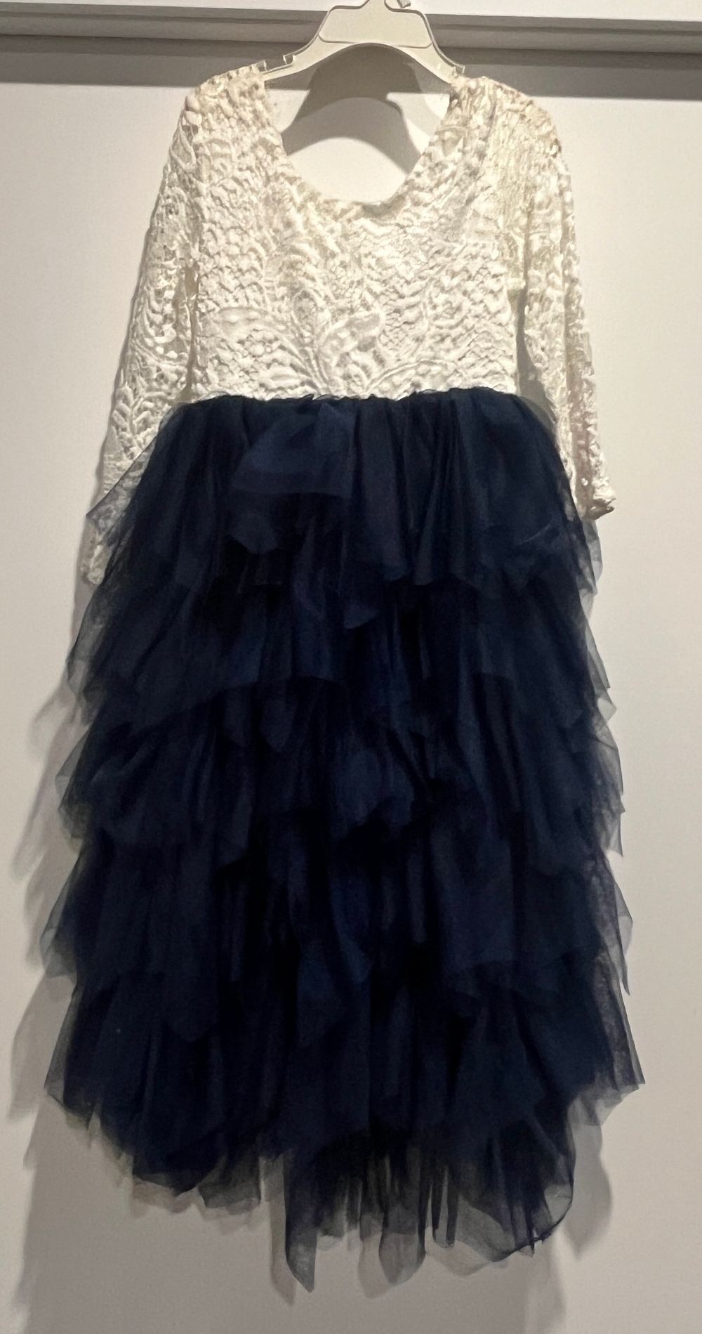 White and Blue Lace Tiered Dressr