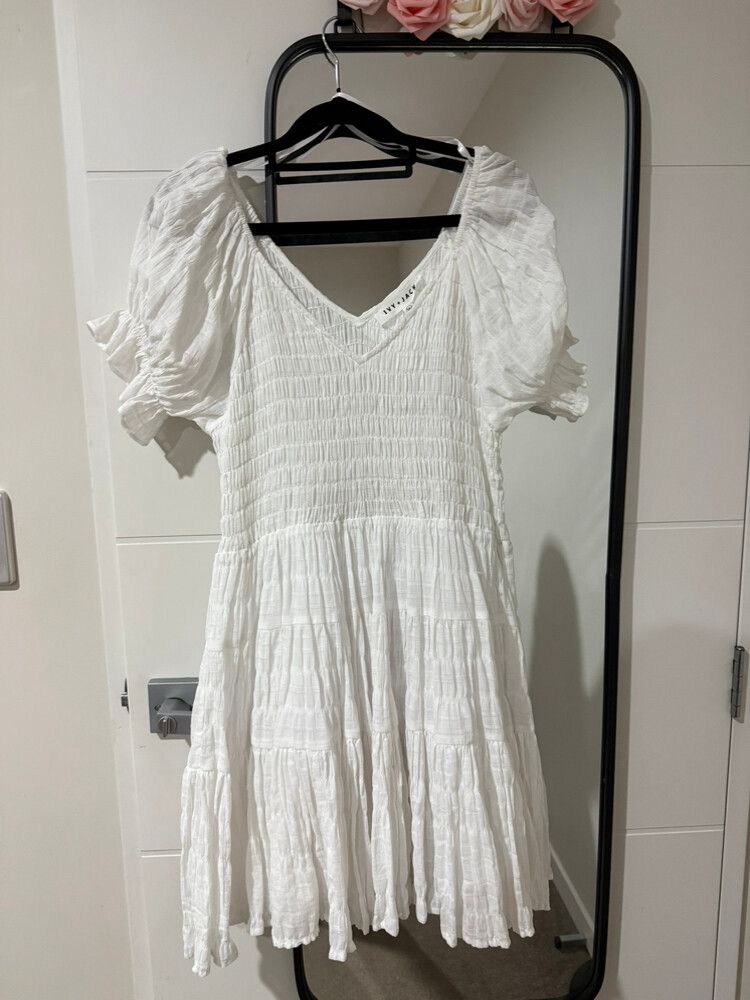 White Shirred Cotton Mini Dress