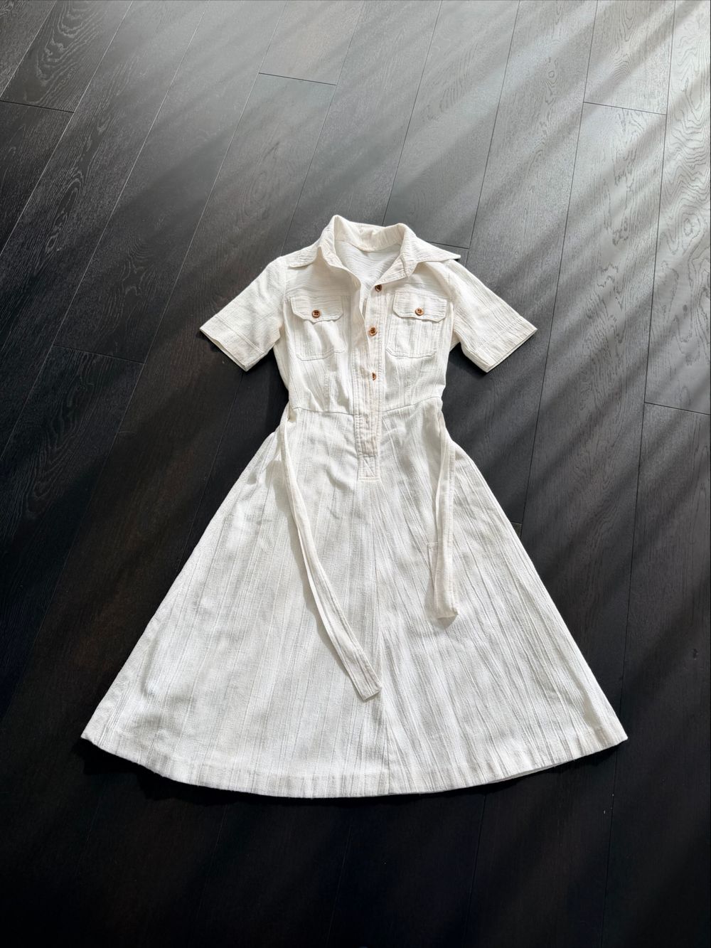 Vintage Linen White Short Sleeve Shirt Dress