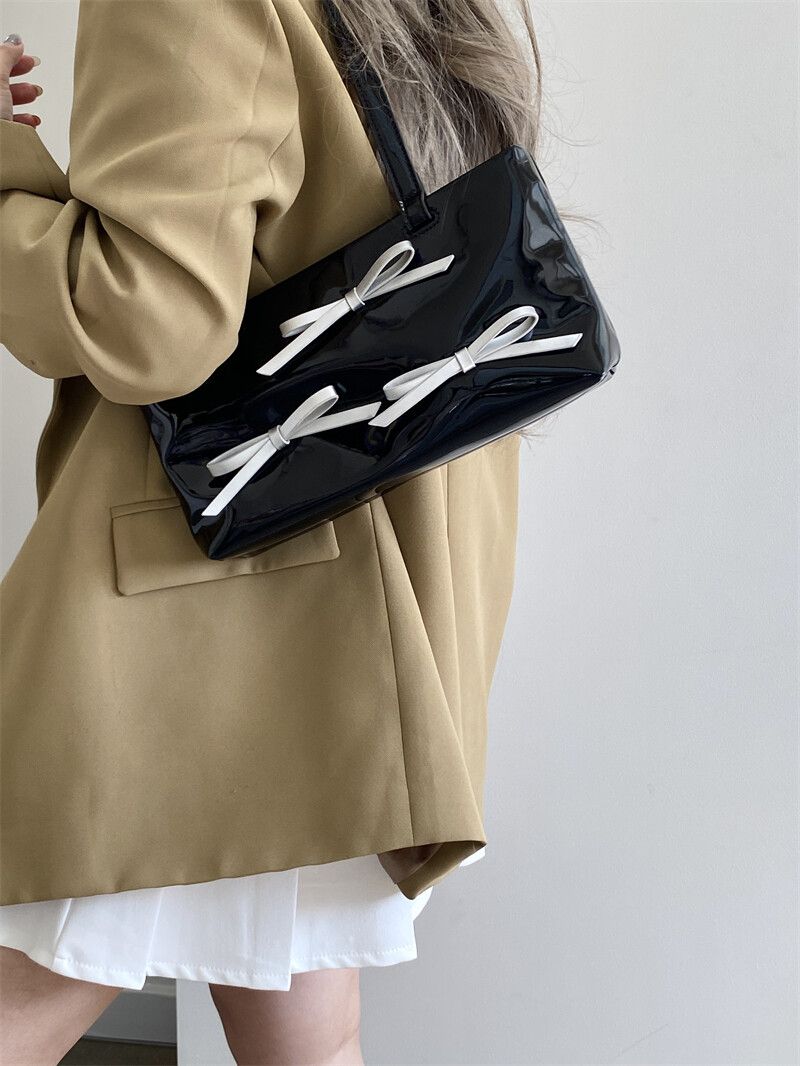 BikeyBag - Brand New Black Glossy Patent Leather Silver Bow Tie Shoulder Bag