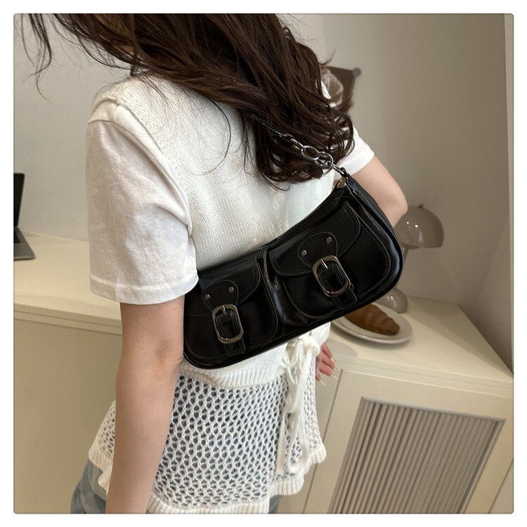 BikeyBag - Brand New Black Shine Leather Multi Pocket Shoulder Bag