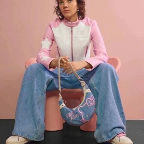 BikeyBag - Brand New Trendy Hello Kitty Denim & Pink Embroidered Shoulder Bag