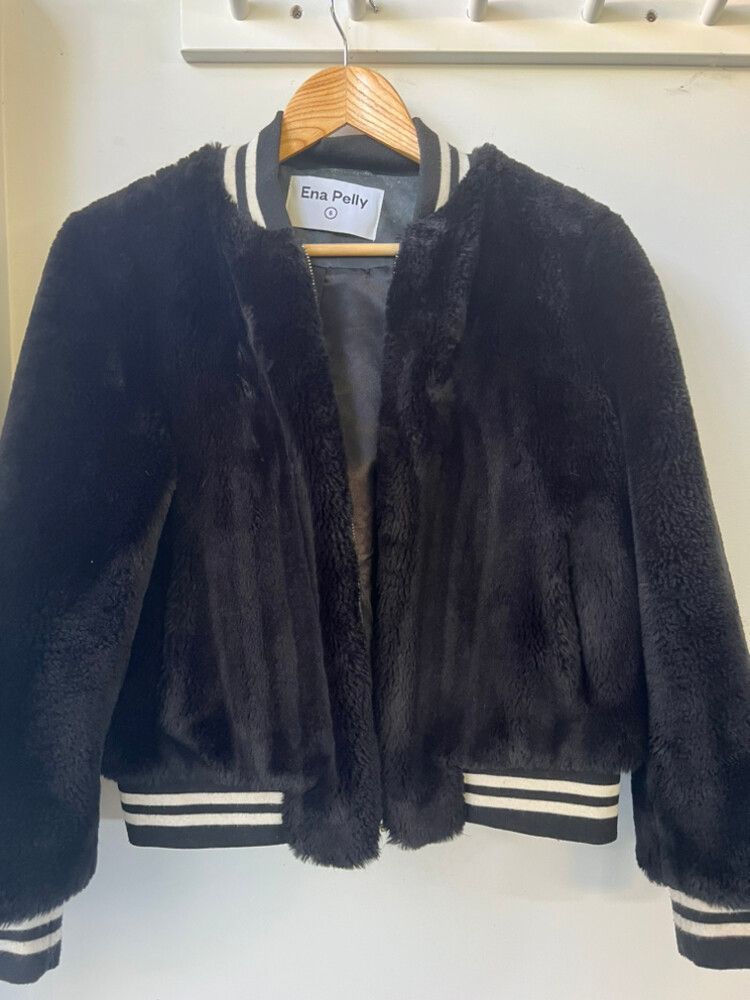 Gorgeous black with white detailing Ena Pelly Faux Fur Bomber Jacket