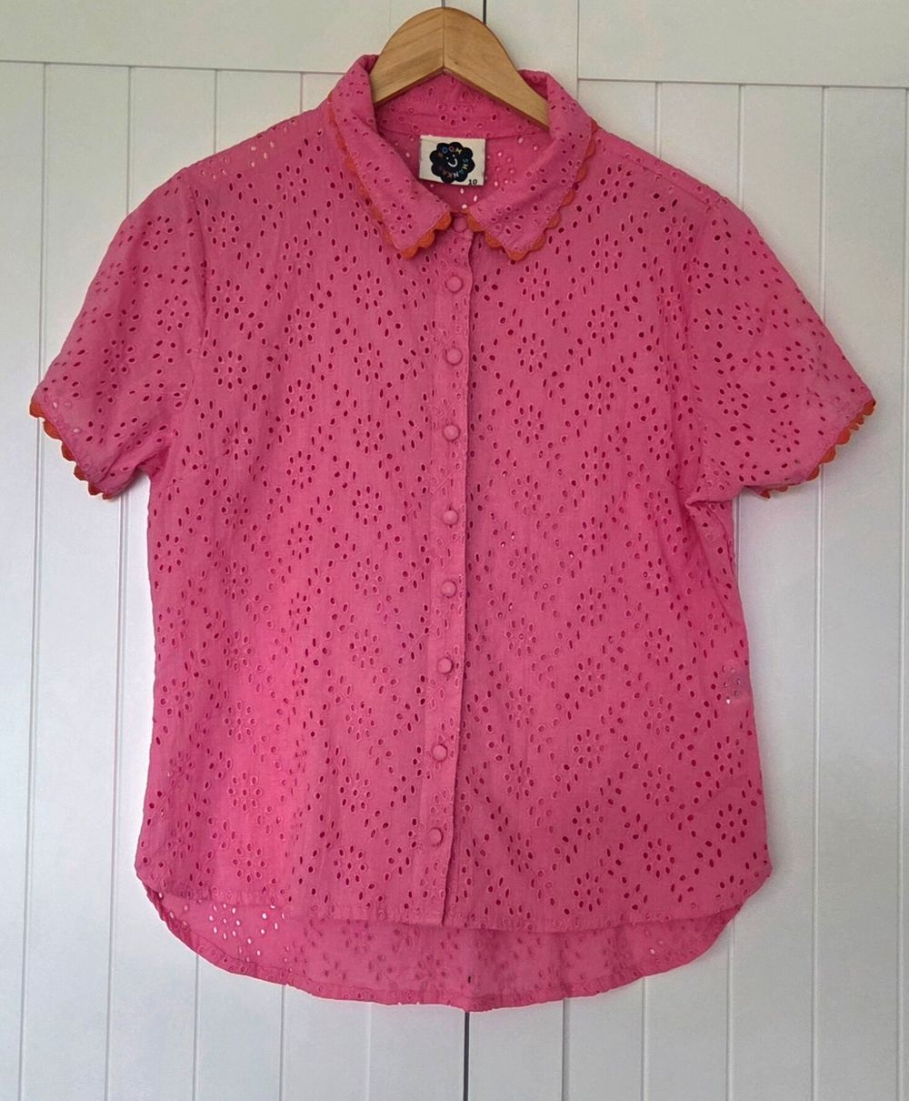 Boom Shankar Pink Broderie Anglaise Button-Up Blouse – Size 10