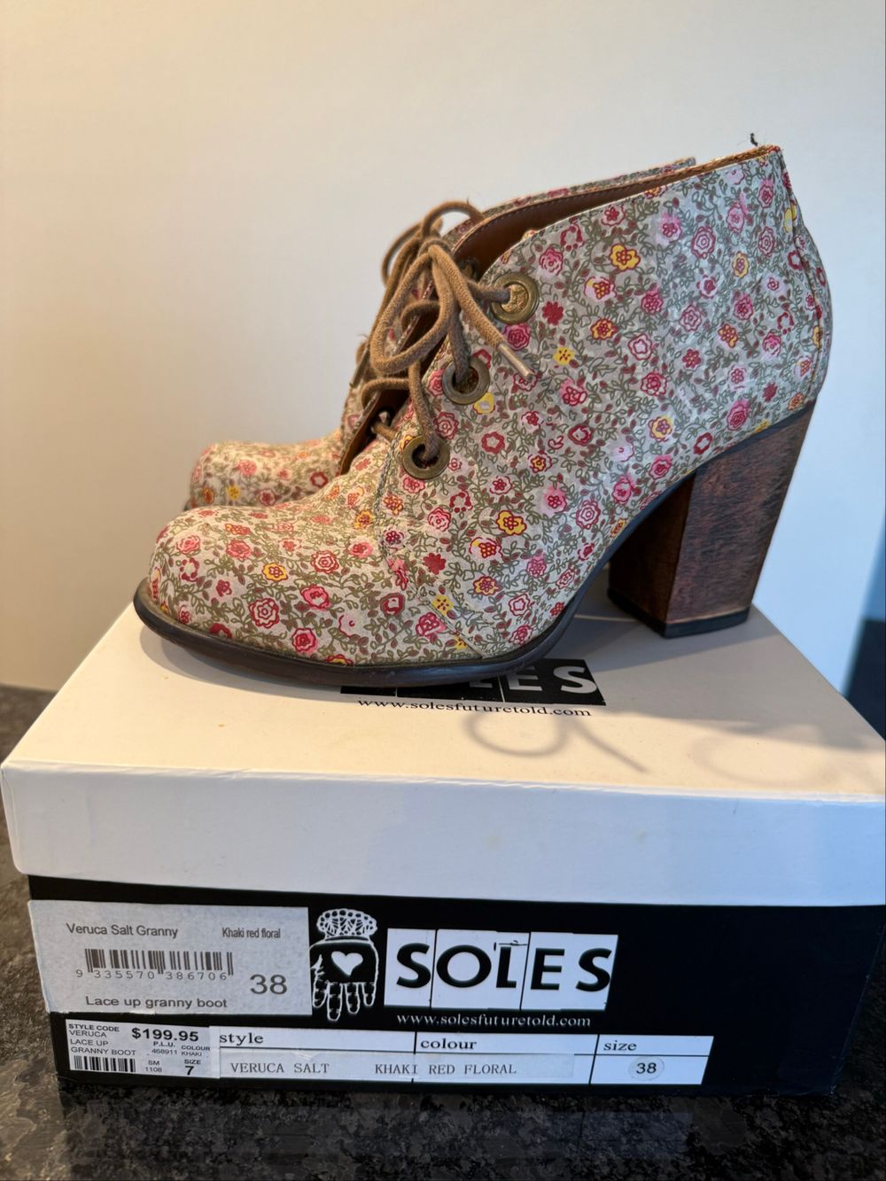 Veruca Salt Khaki Red Floral Lace Up Boots