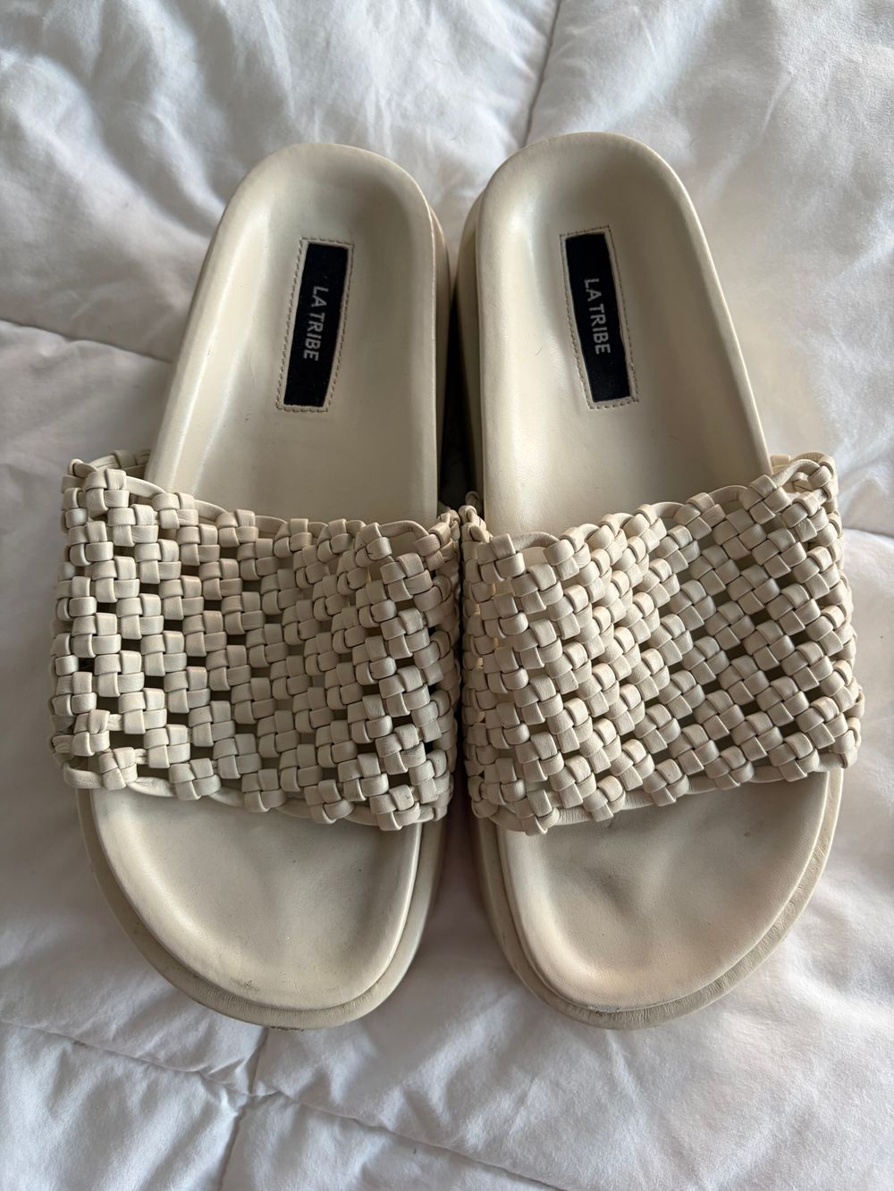 La Tribe Beige Woven Platform Slides