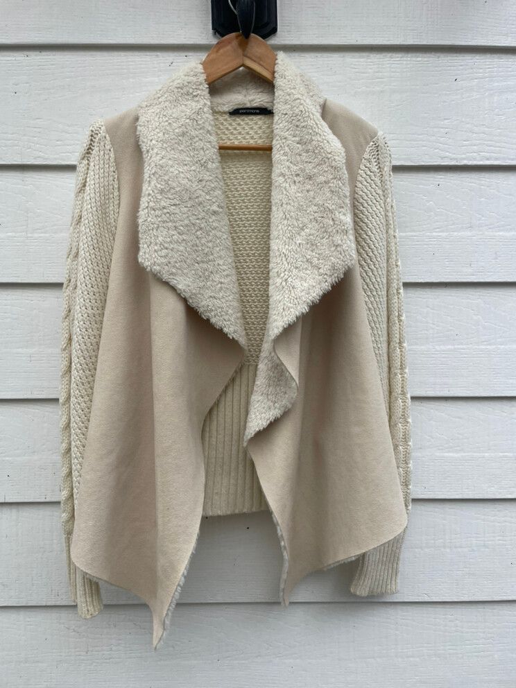 Portmans Faux Suede Fur Ivory/Cream Knit Sweater Jacket Boho Chic