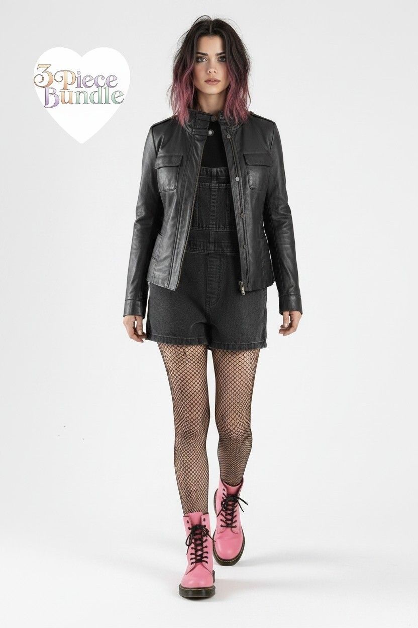 Cyber-Grunge Bundle - Vintage Y2K slim fit leather jacket, cotton shortalls and nike cotton top with embroidered chain detailing
