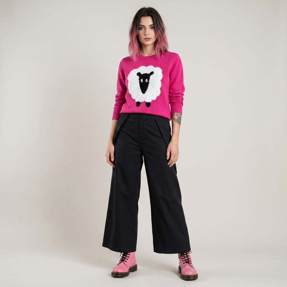 Shear Happiness Bundle - Wide Leg Structured Pant By Carla Rockmore and Candy Couture hot pink hot pink knit sweater with fluffy sheep design