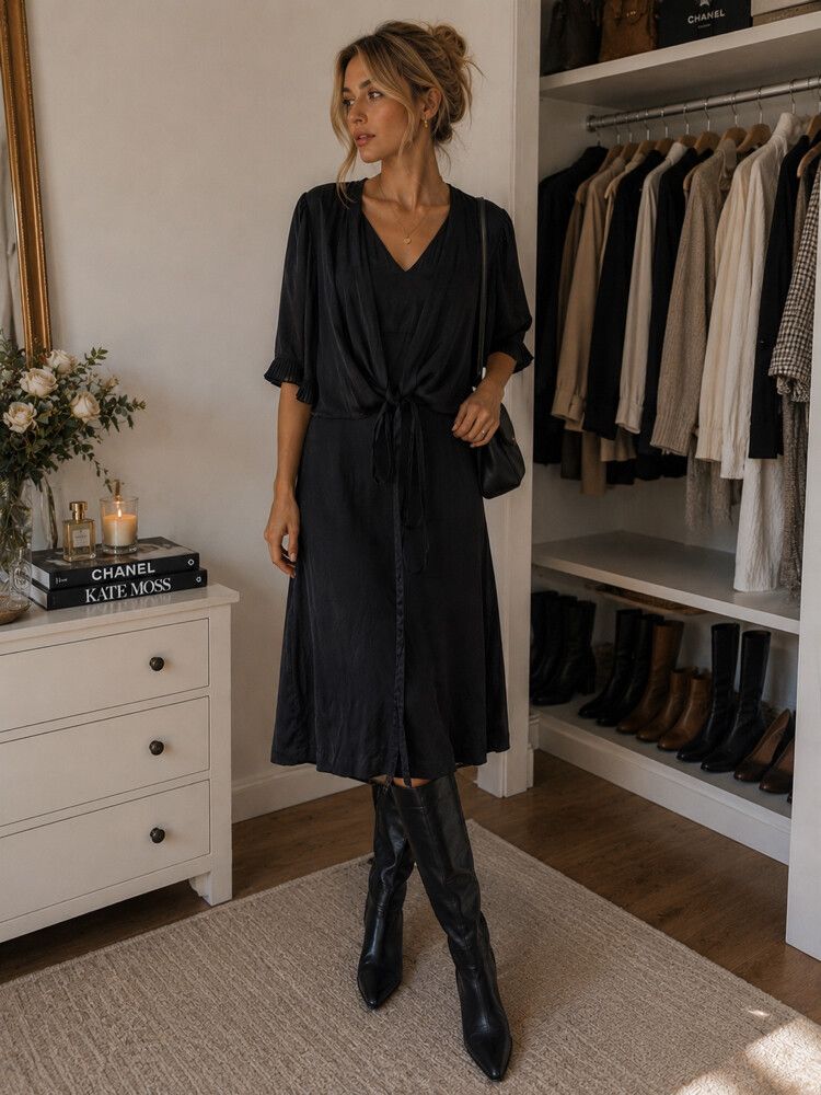 Laura Ashley - Laura Ashley Black Silk Blend Tie Front Midi Dress Size 10  on Designer Wardrobe