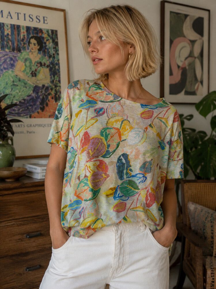 Gorman Rebekah Callaghan Linen Blend Abstract Floral Tee Artsy Boxy Top Size 6