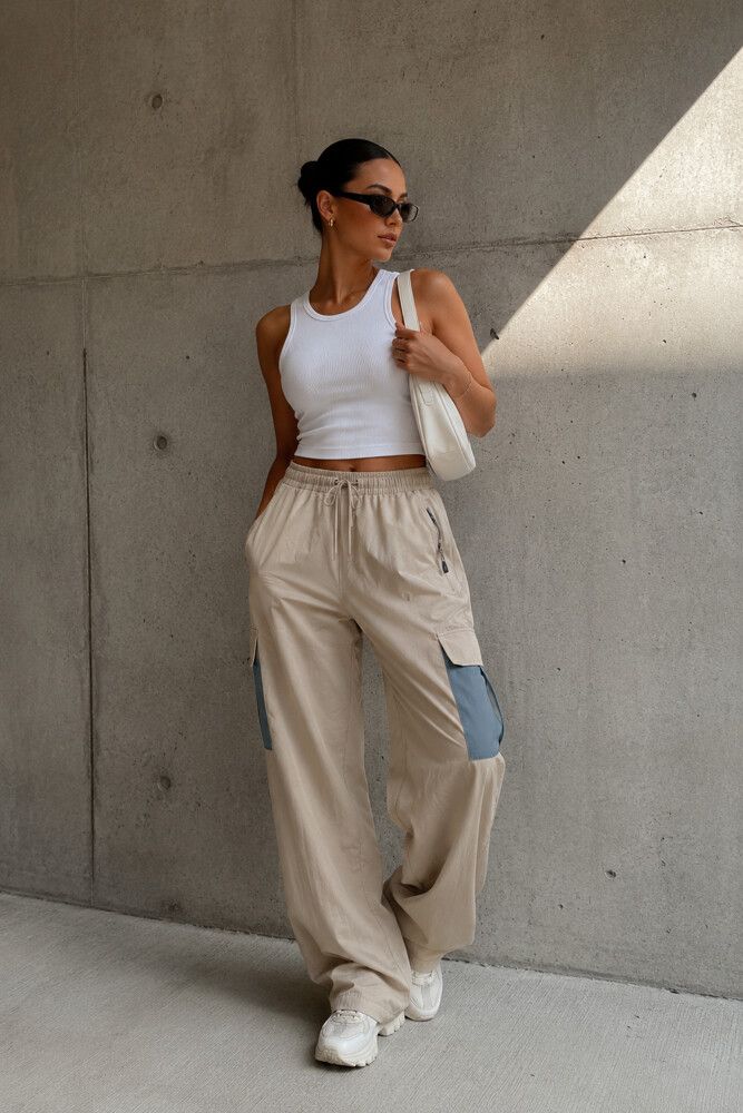Ena Pelly Beige and Blue Cargo Pants