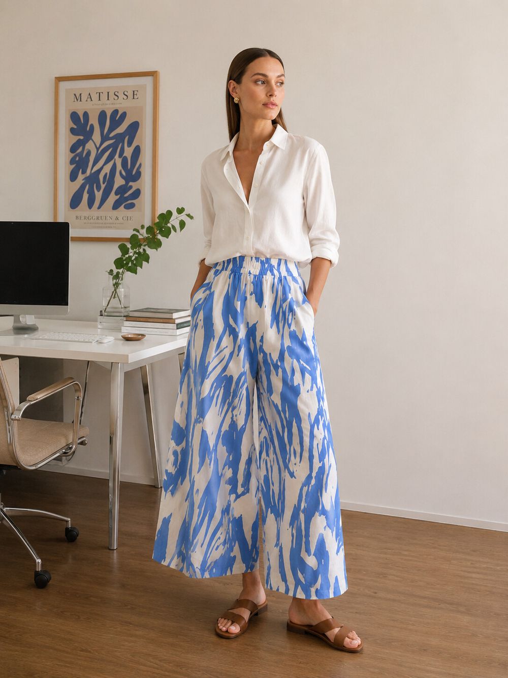 Gorman Blue And White Abstract Print Linen Pants