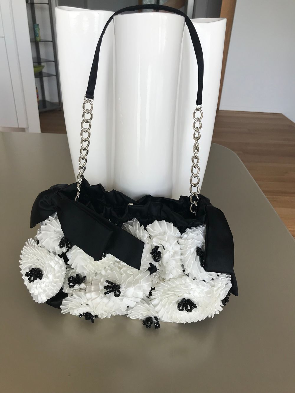 Black and white fabric beaded bag-Melbourn Cup Day