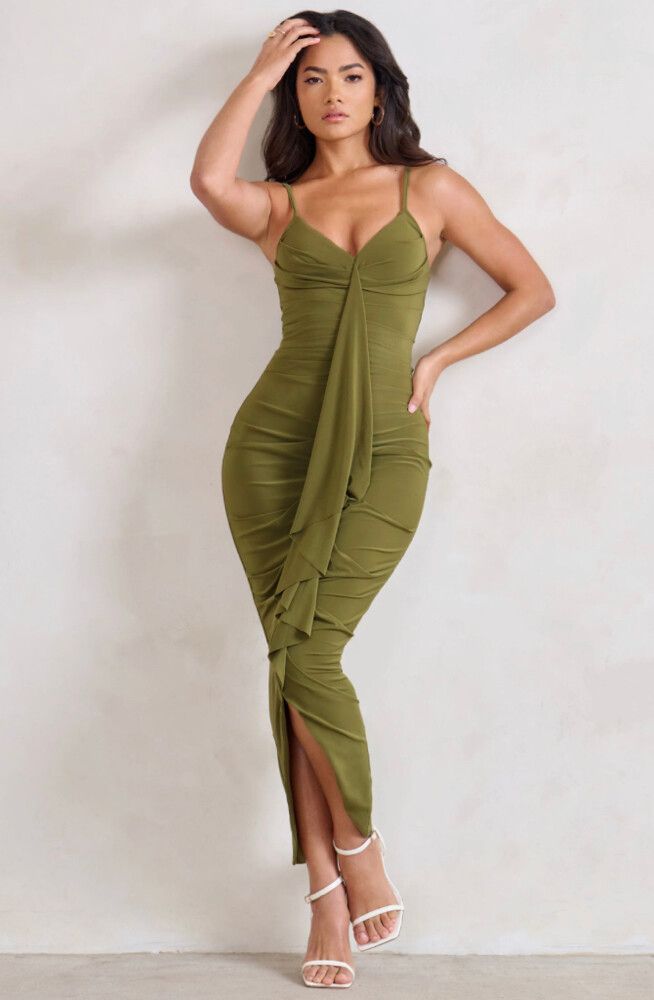 white christmas dresses Giovanna Lime Green Asymmetric Maxi Dress With Wrap Skirt – Club L London main image 0