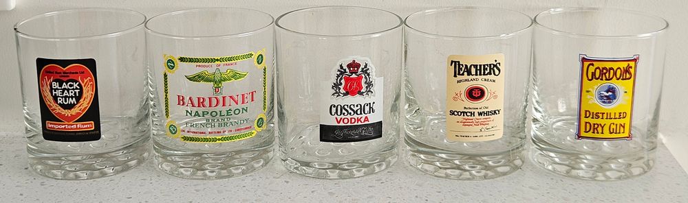 Vintage Advertising Spirit Glasses – Set of 5 Retro Bar Tumblers