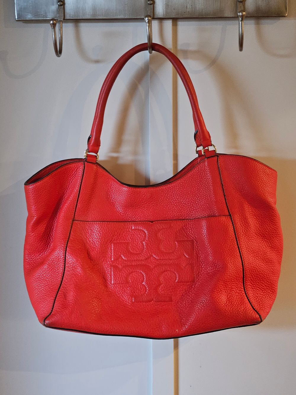 Tory Burch Orange-Red Pebbled Leather Tote Bag