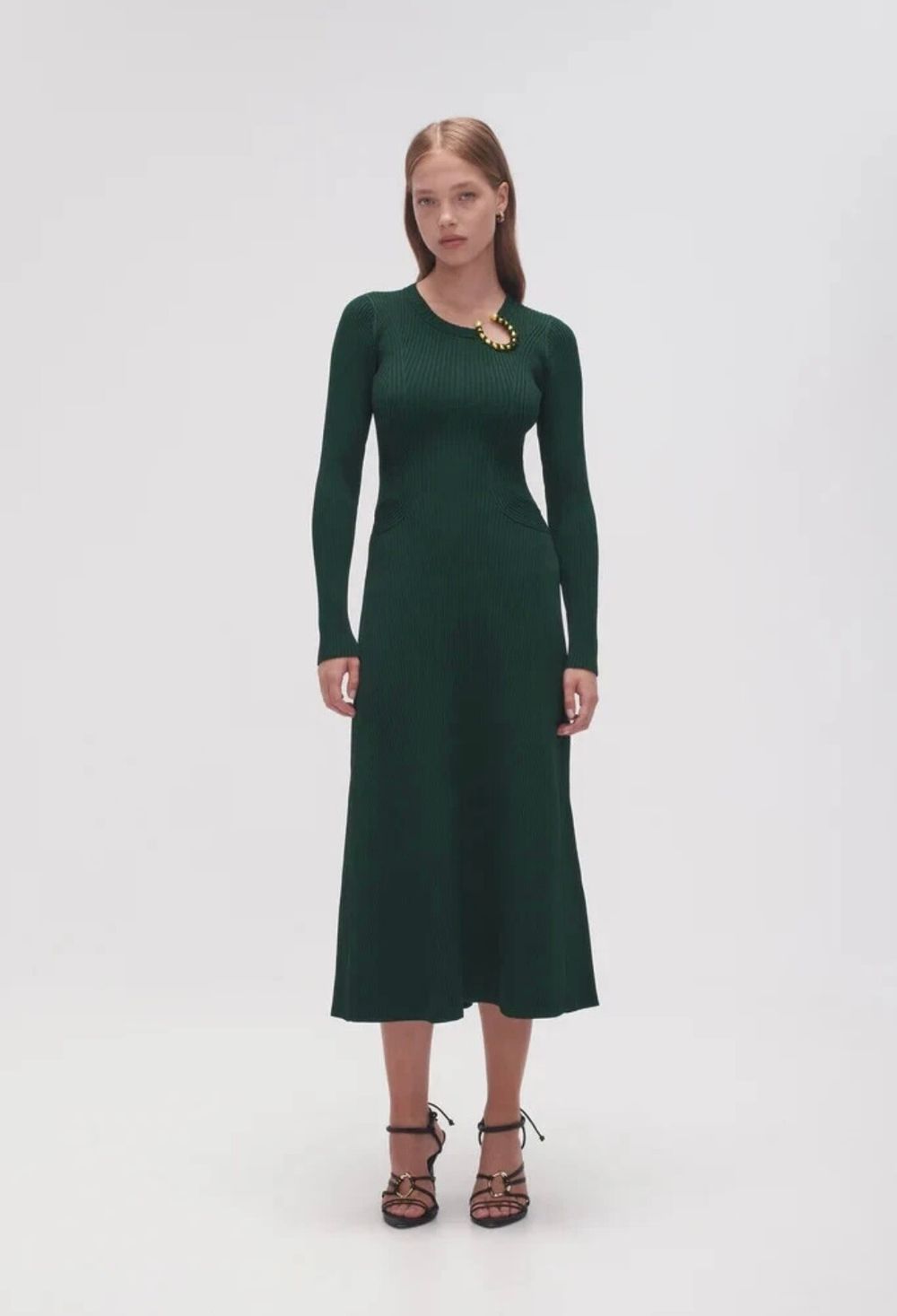Aje Cresent Forest Green Ribbed Knit Midi Dress