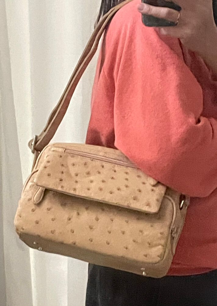 Ostrich Leather Beige Crossbody Bag