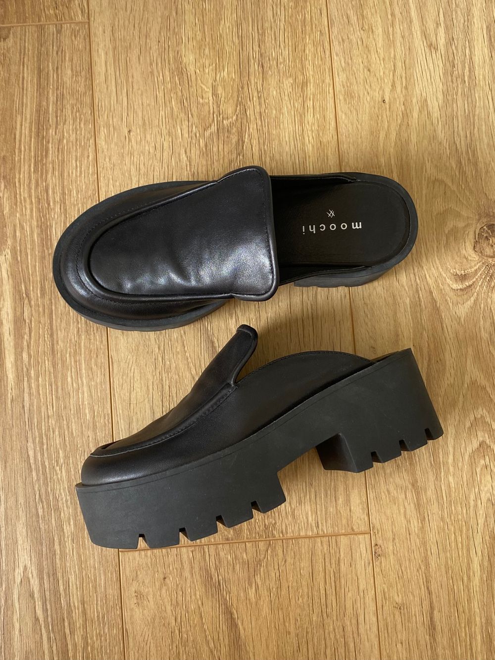 Moochi black platform loafer mules
