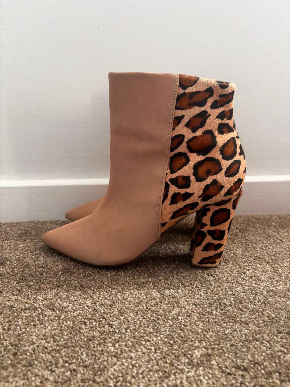 Beige and Brown Leopard Print Calf Hair Boots