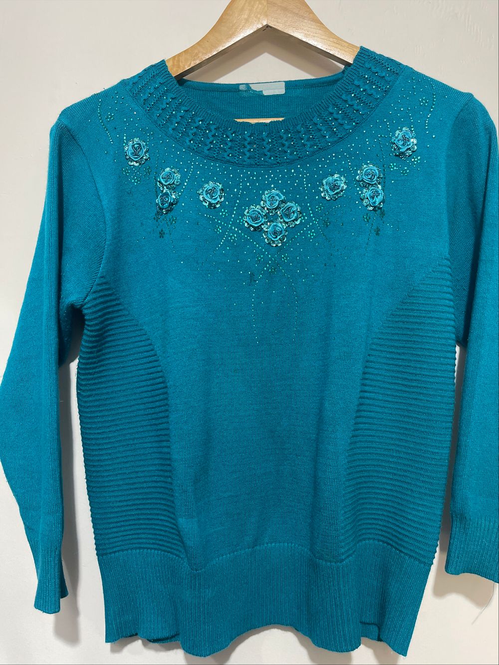 Turquoise Embellished Knit Jumper