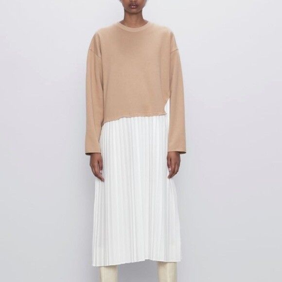 Zara - Zara beige and white pleated dress on Designer Wardrobe