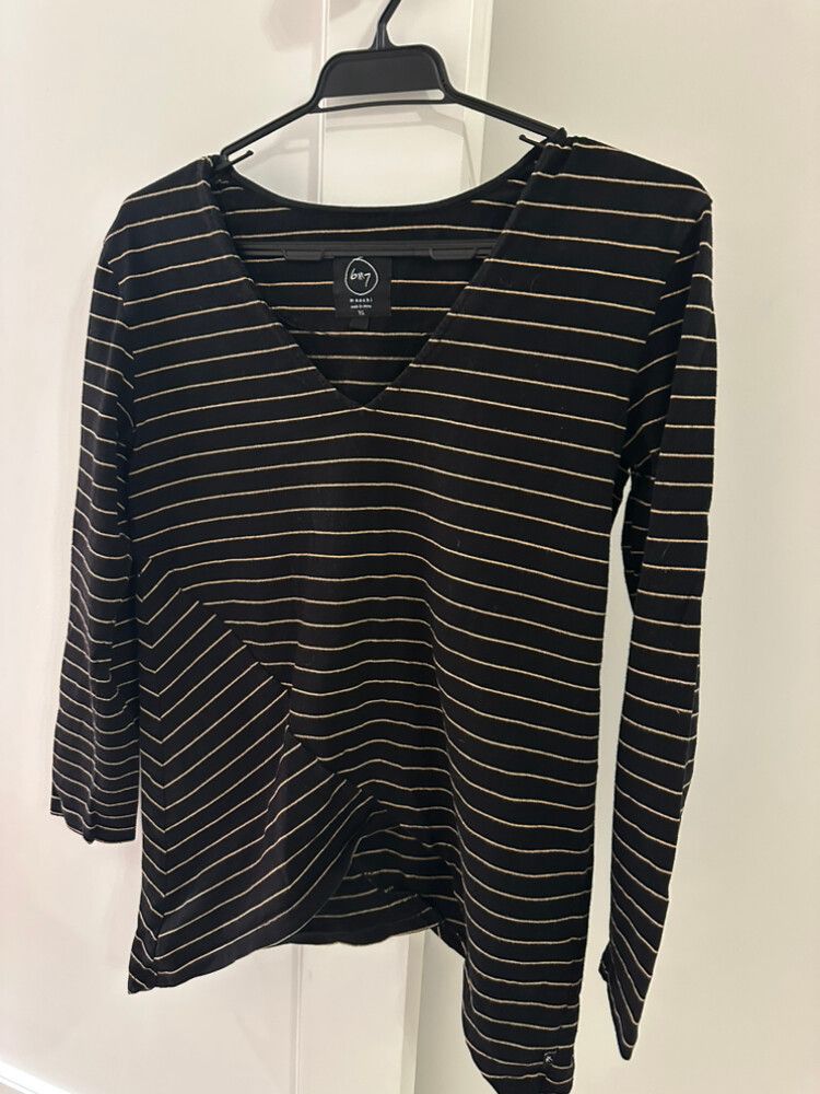 Asymmetric Black Cotton Top With Brown stripes