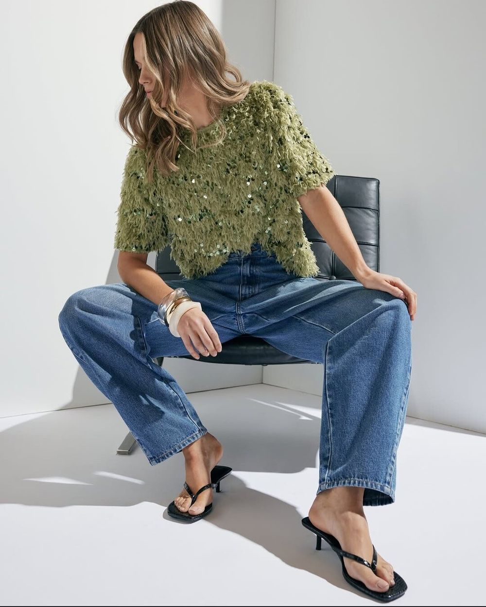 Esme Feather Sequin Tee in avocado green