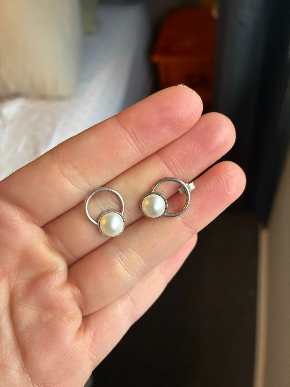 Silver Pearl Circle Stud Earrings