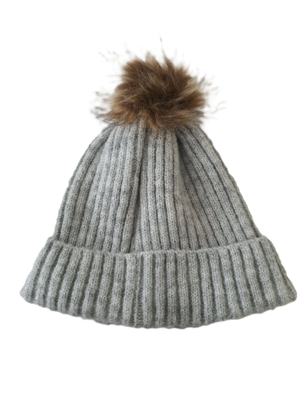 Cozy Women's Grey Ribbed Knit Beanie with Faux Fur Pom