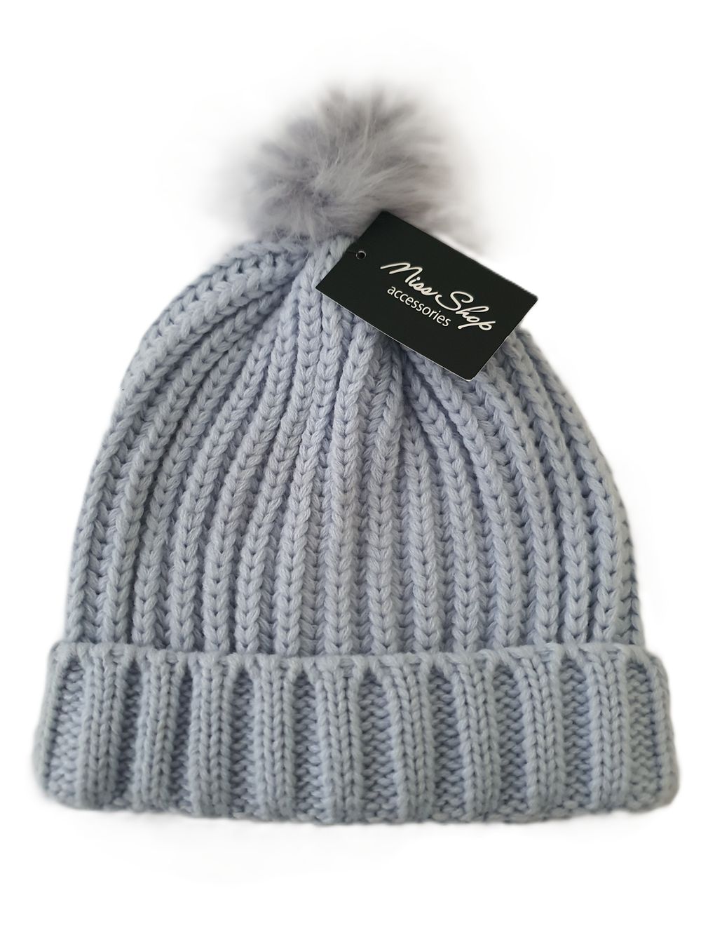 Women's Stylish Knit Beanie with Faux Fur Pom – Grey - Brand New
