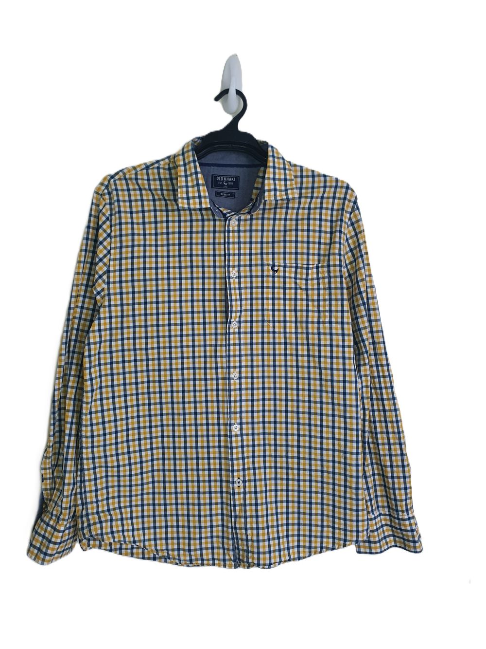 Old Khaki Yellow Blue Check Shirt Size L Cotton 100%