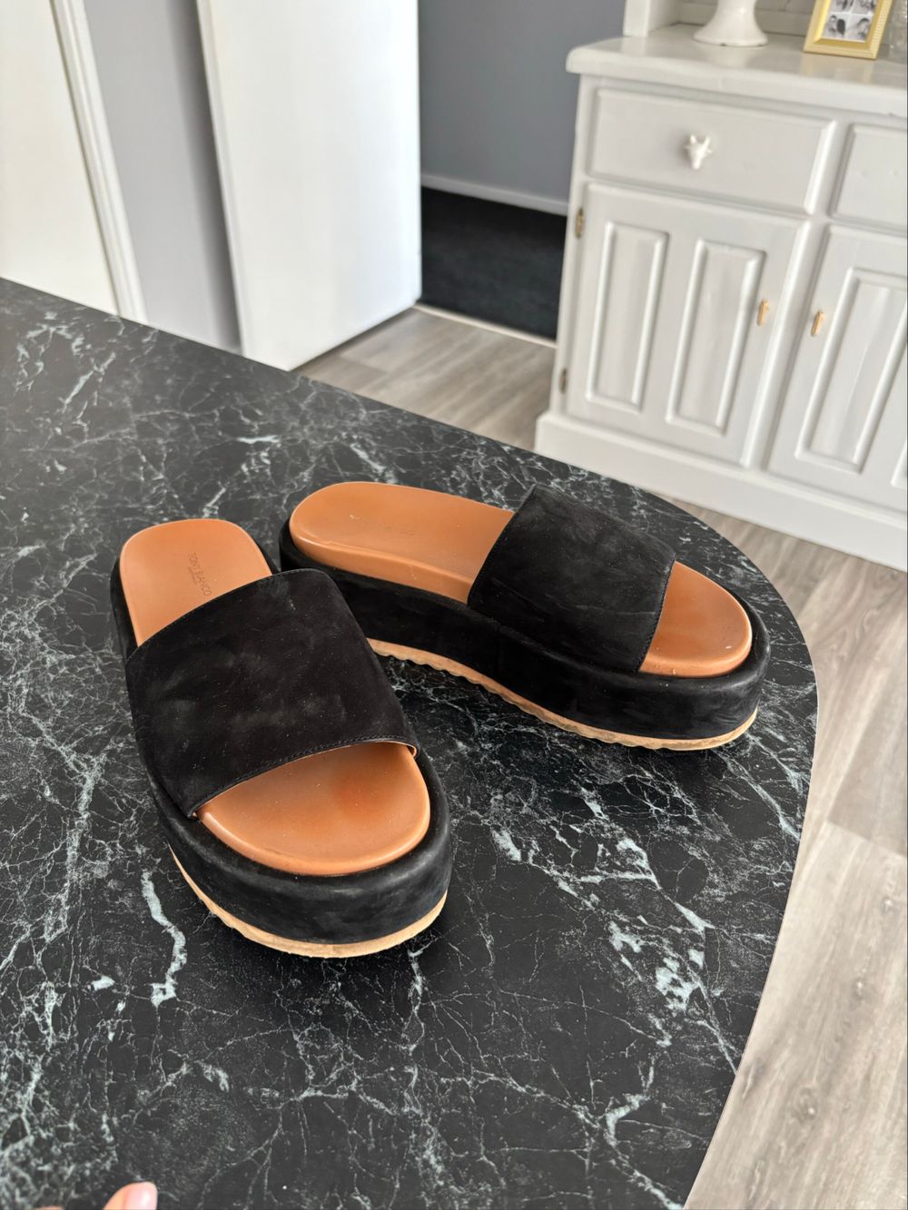 Tony Bianco Black Suede Platform Slides