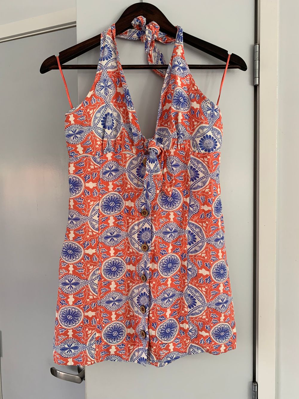 anthropologie linen mini dress paisley coral blue white halter neck