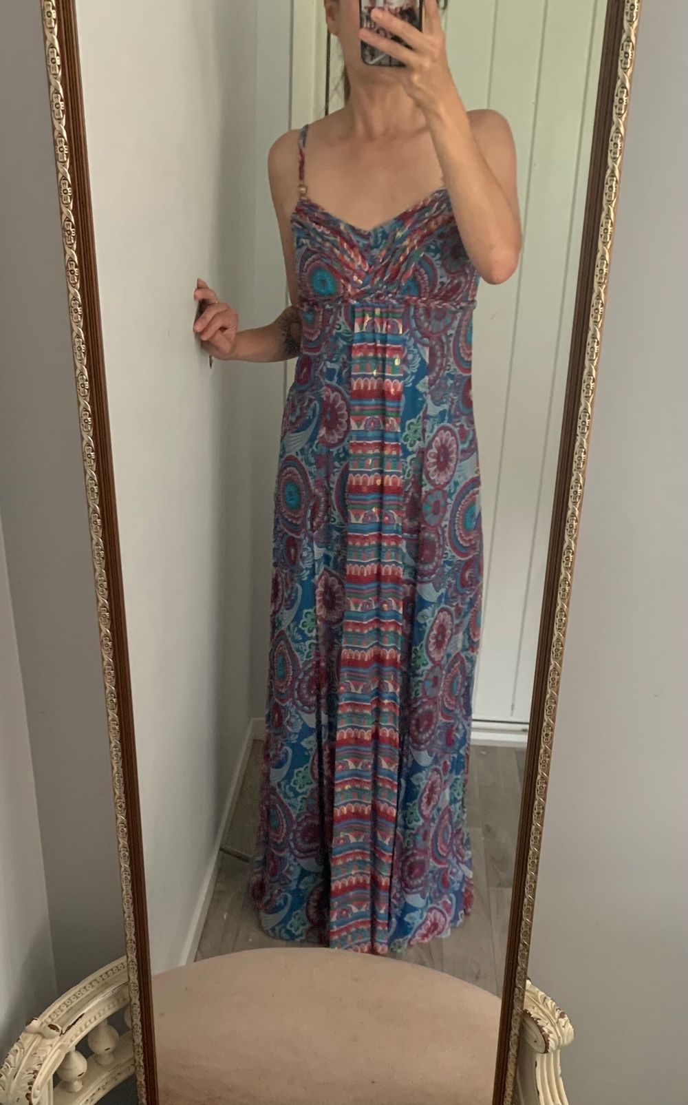 Monsoon silk maxi dress boho v neck blue pink